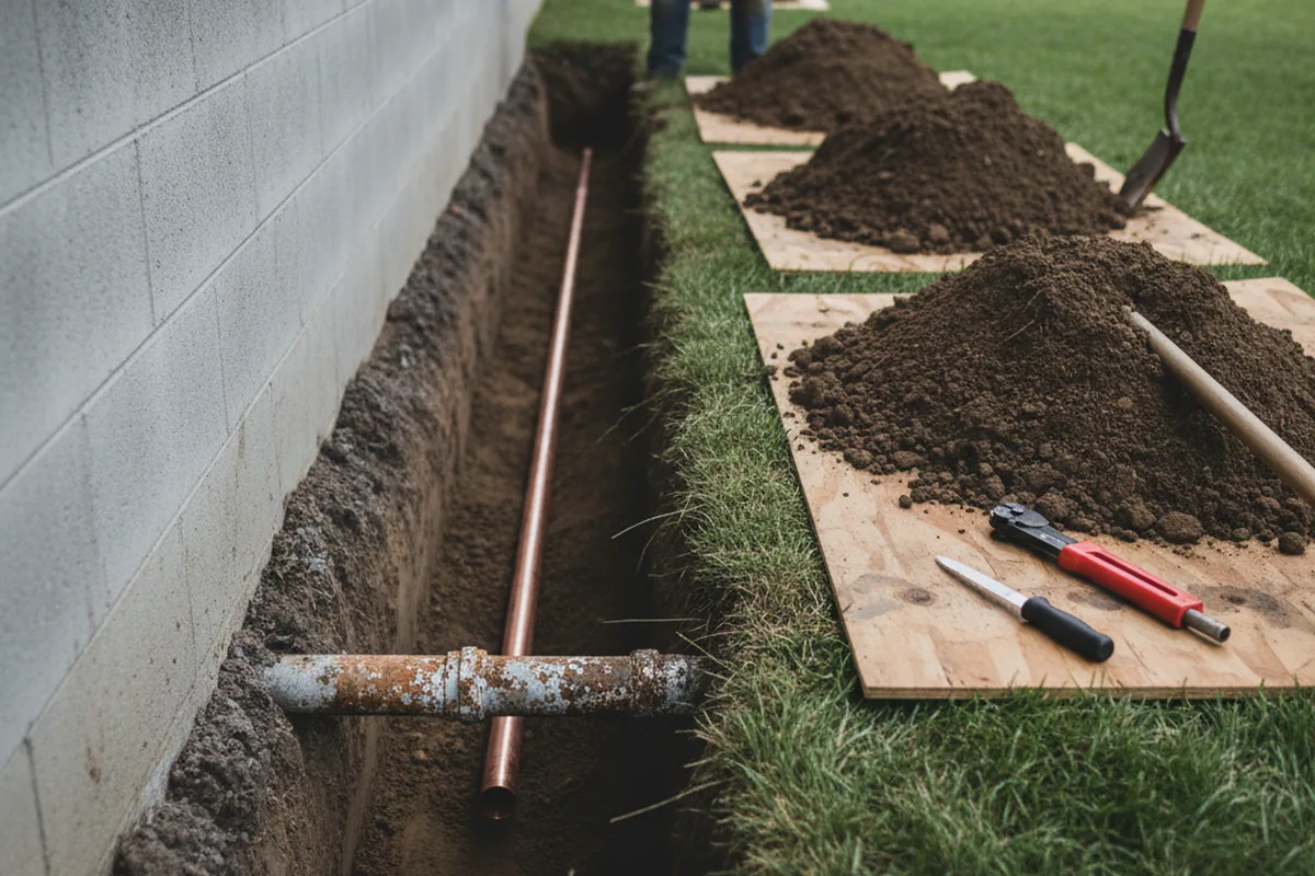 Excavated water line trench during Water Softener Installation in Hallieford